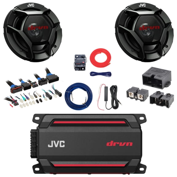 2x JVC CS-DR621 drvn DR Series 6.5" 300W Max Power 2-Way Coaxial Speakers, 600W Max Compact Digital Mono Amplifier w/ Kit + Booster Kit with Quick Disconnect Power Block, DSP Harness, Speaker Wire
