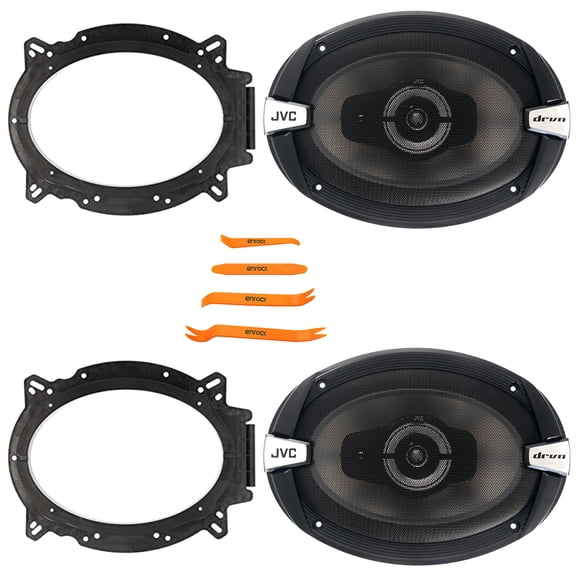 2x JVC CS-DR693 drvn DR Series 6x9" 500 Watts Max Power 3-Way Car Audio Speakers, 2x 6x9 Speaker Bracket Adapters, 4-Piece Removal Pry Tool Set (Bundle Fits GM, Ford, Toyota & More Vehicles)