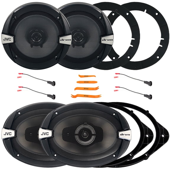 2x JVC CS-DR693 drvn DR Series 6x9" 500 Watts Max Power 3-Way Car Audio Speakers w/Adapters 2x 6.5" 300W Max Power 2-Way Coaxial Automotive Speakers w/Adapters, 2x Speaker Wire Harness, Pry Tool Set