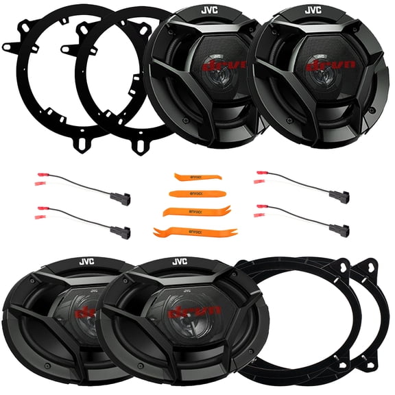 2x JVC CS-DR6931 DRVN Series 6x9" 500 Watt Max 3-Way Coaxial Car Audio Speakers w/Adapters, 2x 6.5" 300W Max Power 2-Way Coaxial Automotive Speakers W/Adapters, 2x Speaker Wire Harness, Pry Tool Set