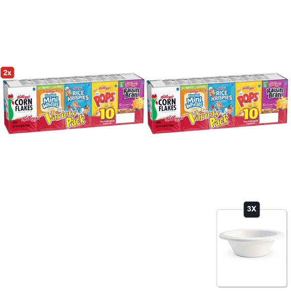 2x | Kellogg's Breakfast Cereal Variety Pack - Corn Flakes, Frosted Mini Wheats, Rice Krispies, Corn Pops, Raisin Bran - Single Serve - 10.94 oz (10 Count) & 3x 12oz Disposable Plastic Bowl