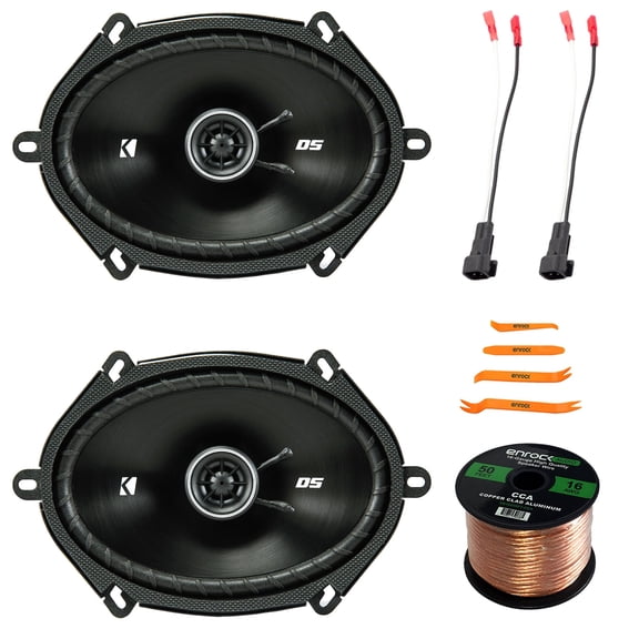 2x Kicker 43DSC6804 D-Series 6x8" 200 Watt Max Power 2-Way 4-Ohm Coaxial Speakers, Pry Tool Set, Speaker Wire, 2x 16 Gauge Speaker Harness Adapter W/Red Bullet for Select Ford Vehicles 1998-Up