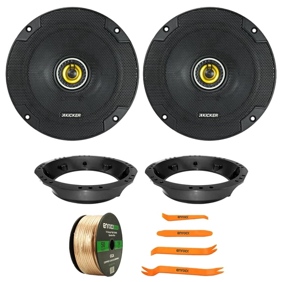 2x Kicker CSC65 CS Series 6.5" 300 Watt Max Power 4 Ohm 2-Way Coaxial Speakers, Pry Tool Set, 50 Feet Speaker Wire, 2x Speaker Mounting Ring Adapter for 6.5" to 6.75" Fits 1998-2013 Harley Davidson