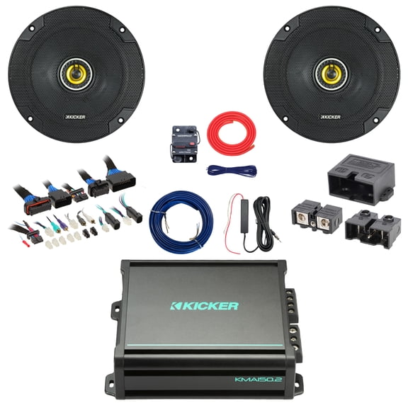 2x Kicker CSC65 CS Series 6.5" 300W Max Power 4 Ohm 2-Way Coaxial Speakers, 2x75 Watts 2-Channel Class AB Amplifier w/Kit + Booster Kit with Quick Disconnect Power Block, DSP Harness, Speaker Wire