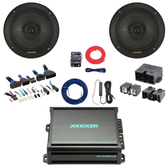 2x Kicker KS-Series KSC650 6.5" 200 Watt Max Power 4-Ohm 2-Way Thin-Mount Speakers, 2x75 Watts 2-Channel Class AB Amplifier w/Kit + Booster Kit with Quick Disconnect Power Block, DSP Harness, Wire