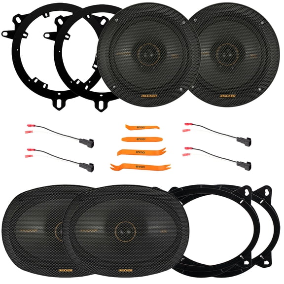 2x Kicker KSC690 KS-Series 6x9" 300W Max 2-Way 4-Ohm Thin-Mount Car Audio Speakers w/Adapters, 2x 6.5" 200W Max 2-Way Thin-Mount Automotive Speakers W/Adapters, 2x Speaker Wire Harness, Pry Tool Set