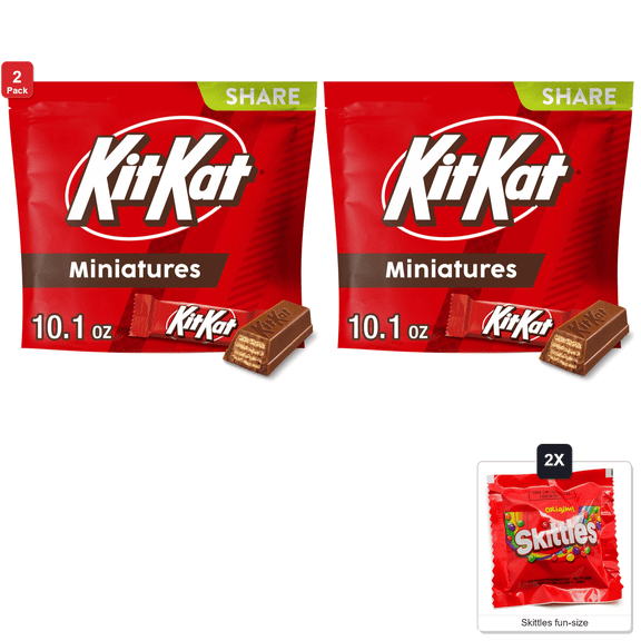 2x | Kit Kat Miniatures Milk Chocolate Wafer Candy Share Pack, 10.1 oz, with 2 Skittles Fun Size