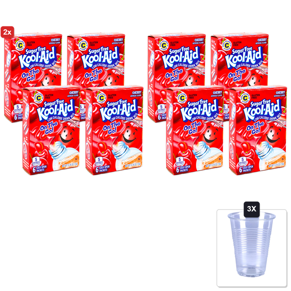 2x | Kool-Aid Sugar Free Low Calorie Drink Mix 6 Easy Open Packets (Pack Of 4) Gluten Free (Cherry) & 3x 16oz Plastic Cup with Strawless Sip-Lid