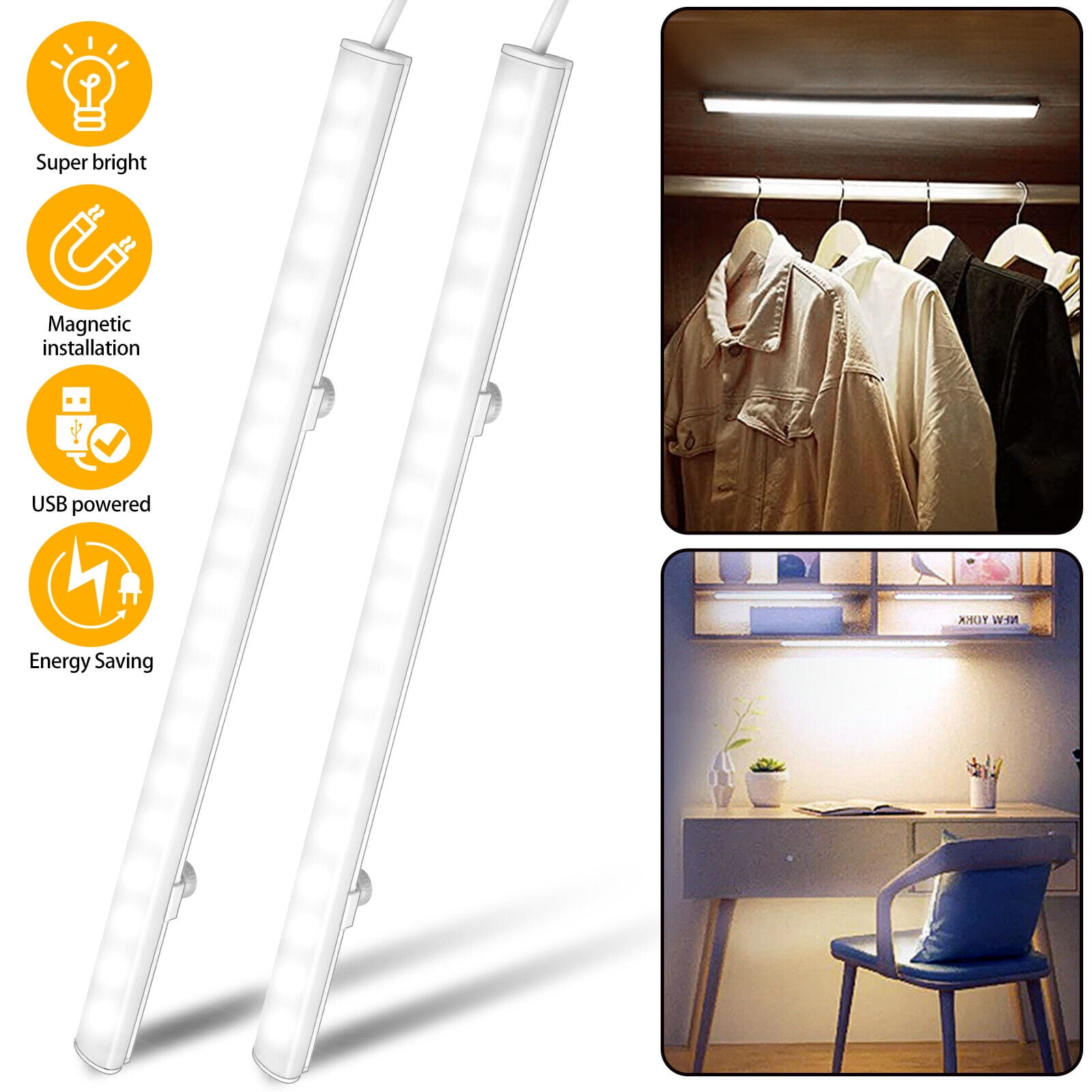 2x LED Kitchen Under Cabinet Closet Shelf Lighting Strip Bar USB Lights Lamp Kit
