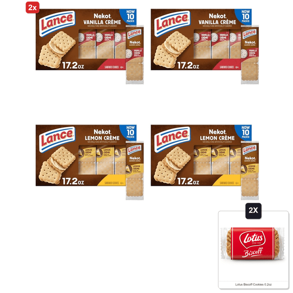 2x | Lance Sandwich Cookies, Nekot Vanilla Crme & Nekot Lemon Creme, 10 Individually Wrapped Packs, 6 Sandwiches Each & 2x Lotus Biscoff Cookies 0.2oz