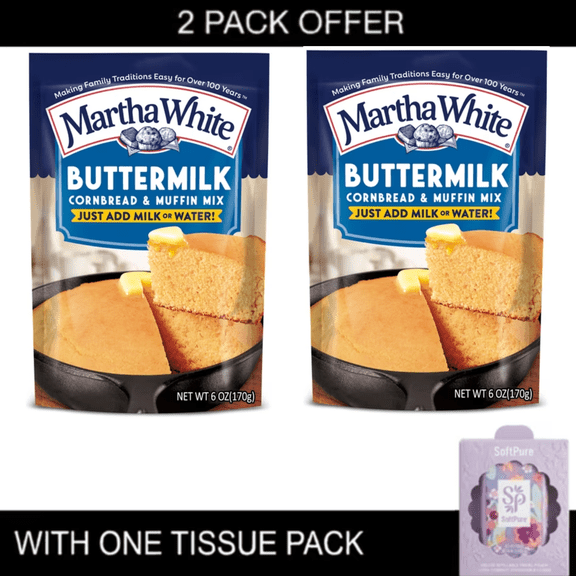 2x Martha White Buttermilk Cornbread and Muffin Mix, 6 oz Pouch with tissue pack