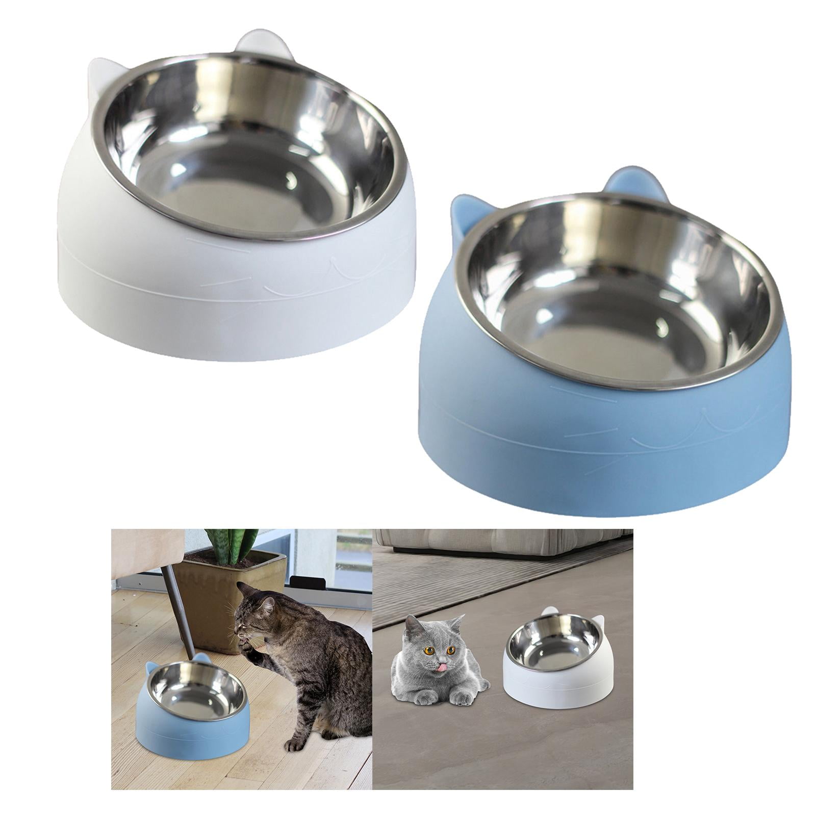 2x Metal Raised Cat Dog Bowls Container Feeding Dish Tilted Elevated Non Slip Neck Protective Bowl Indoor Cats Pet Feeder Pets Supplies Blue white