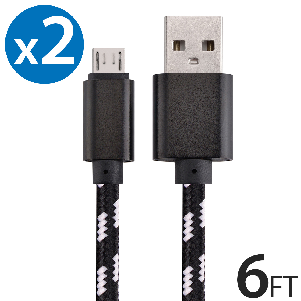 2x Micro USB Cable Charger For Android, FREEDOMTECH 6ft USB to Micro USB Cable Charger Cord High Speed USB2.0 Sync and Charging Cable for Samsung Galaxy S6 S7, HTC, Moto, Nokia, MP3, Tablet and More - image 1 of 1