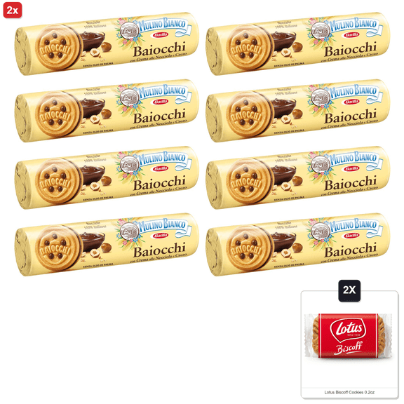 2x | Mulino Bianco: "I Baiocchi" Cookies With Cream Hazelnut And Cocoa 5.92 Oz / 168G, Pack Of 4 [ Italian Import ] & 2x Lotus Biscoff Cookies 0.2oz
