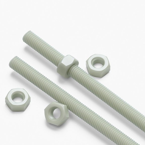 2x Natural PA66+GF M10 x 1000 mm Threaded Rods, Glass-Filled Nylon All-Thread Studs