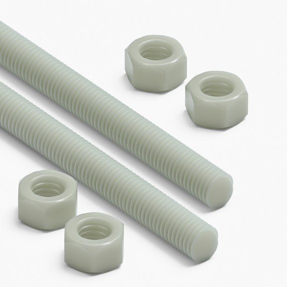 2x Natural PA66+GF M12 x 200 mm Threaded Rods Reinforced Nylon All-Thread