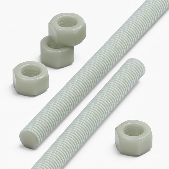 2x Natural PA66+GF M12 x 500 mm Threaded Rods Reinforced Nylon All-Thread