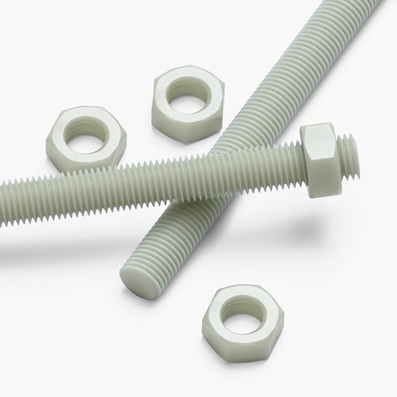 2x Natural PA66+GF M16 x 200 mm Threaded Rods Reinforced Nylon All-Thread