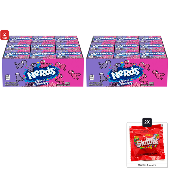 2x | Nerds Grape and Strawberry Candy, 36 Packs x 1.65 oz Each, with 2 Skittles Fun Size
