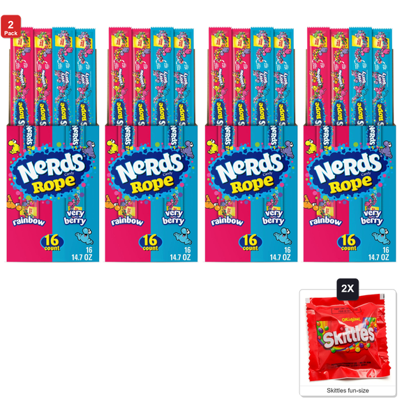 2x | Nerds Rope Candy, Variety Box, Rainbow and Very Berry, 32 Packs x 0.92 oz Each, with 2 Skittles Fun Size