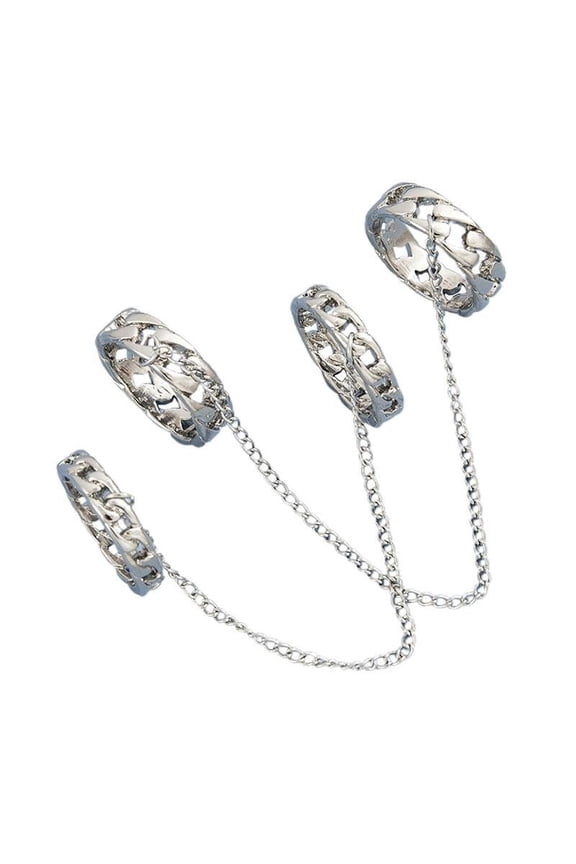 2x Novelty Chain Finger Rings Punk Ring Silver for Women Men Knuckle Jewelry Party