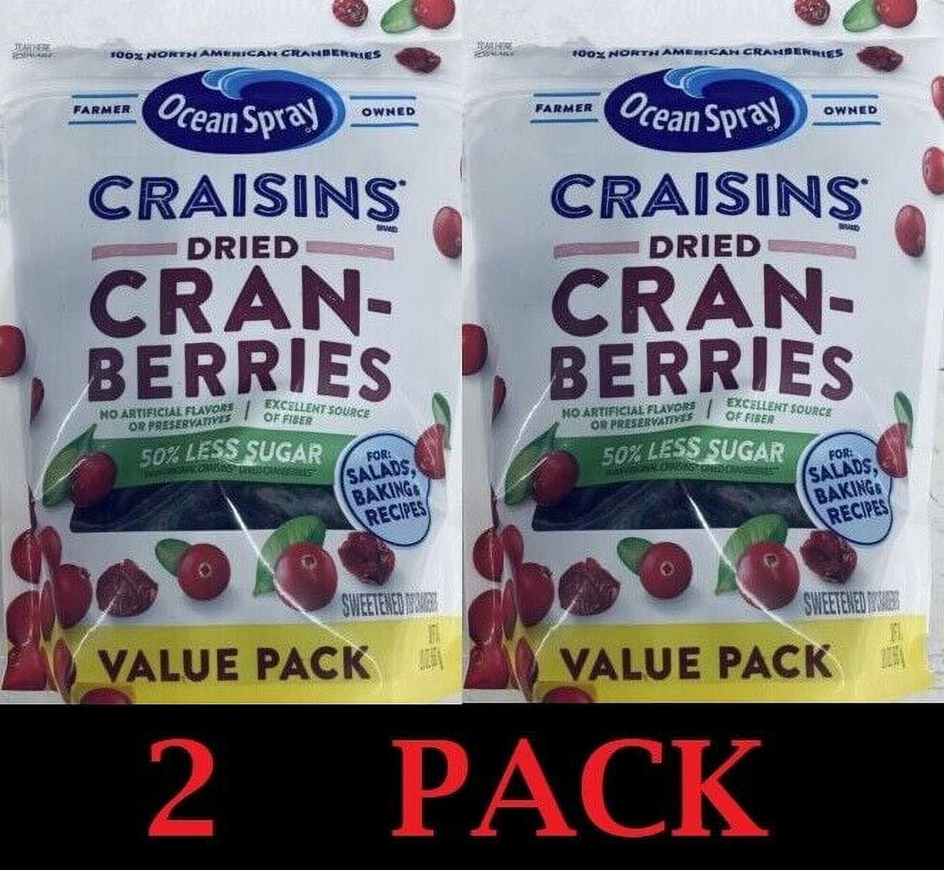 2x Ocean Spray ORIGINAL Craisins Dried Cranberries 50% LESS SUGAR 20oz VALUE PK