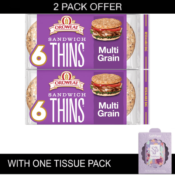 2x | Oroweat Multigrain Sandwich Thins, 6 count, 17g Whole Grains, 150 Calories, Pre-sliced Thin Sandwich Bread, 12 oz Trays with Tissue Pack