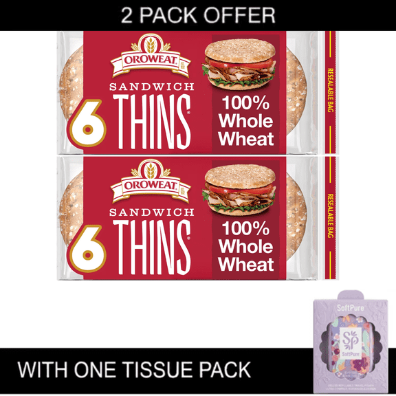 2x | Oroweat Sandwich Thins 100% Whole Wheat Rolls, 6 count, 4g Fiber, 30g Whole Grains Thin Sandwich Bread, 12 oz Bags with Tissue Pack