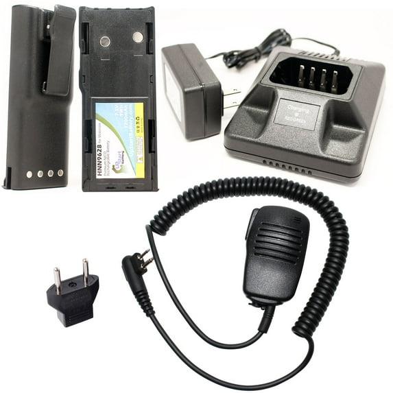 2x Pack Compatible Motorola GP300 Battery + Charger + Shoulder Speaker with Push to Talk (PTT) Microphone + EU Adapter - Compatible for Motorola HNN9628 Two-Way Radio (1200mAh, 7.5V, NICD)