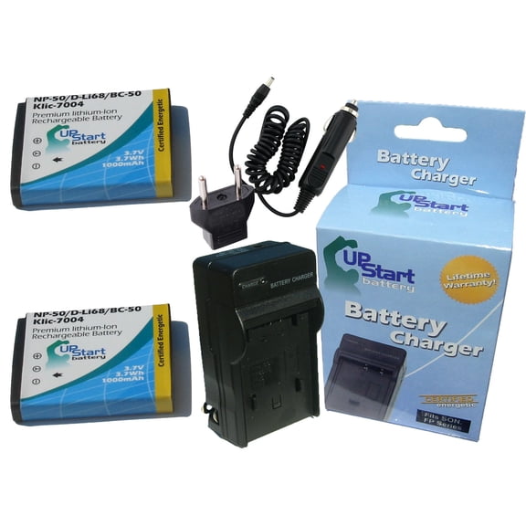 2x Pack - Kodak PlayFull Dual Zi12 Battery + Charger with Car & EU Adapters - Replacement for Kodak KLIC-7004 Digital Camera Battery and Charger (1100mAh, 3.7V, Lithium-Ion)