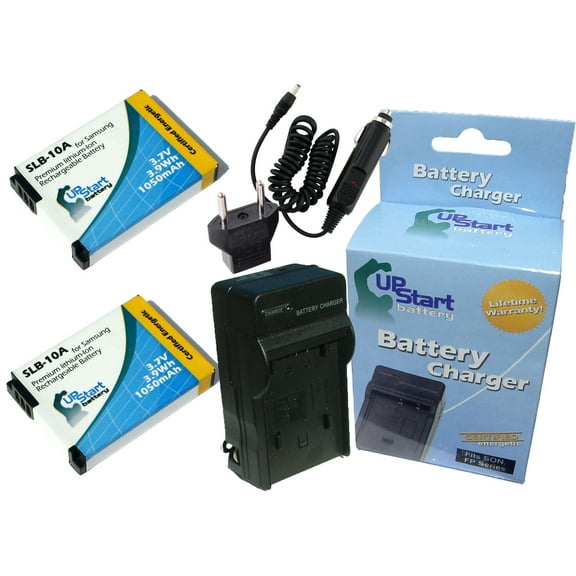 2x Pack - Samsung WB200F Battery + Charger with Car & EU Adapters - Replacement for Samsung SLB-10A Digital Camera Battery and Charger (1050mAh, 3.7V, Lithium-Ion)