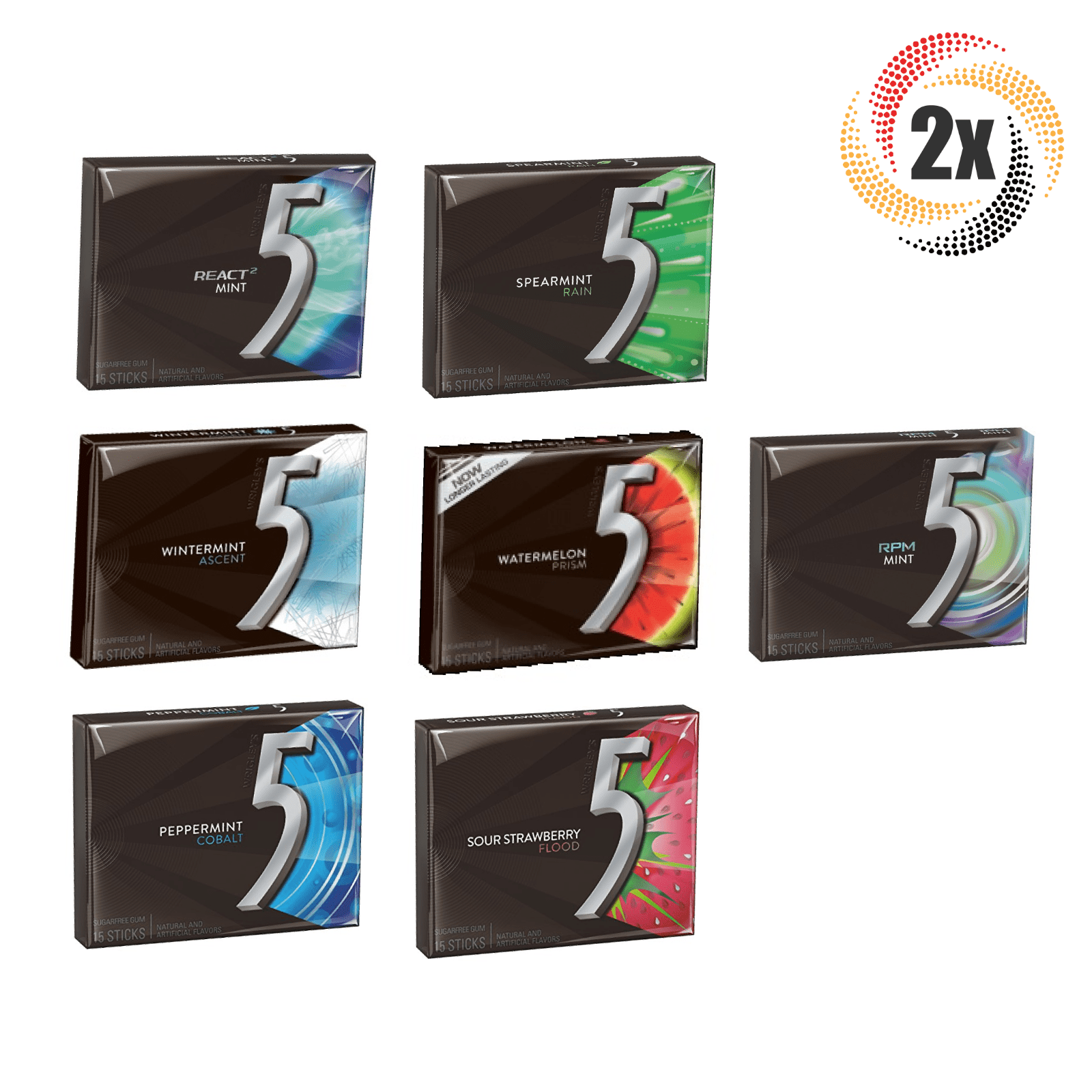 2x Packs 5 Gum Variety Pack Flavors ( 15 Sticks Per Pack )