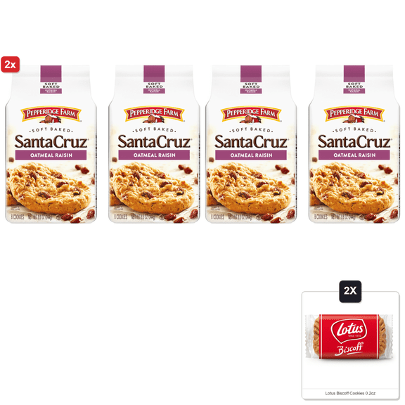 2x | Pepperidge Farm Santa Cruz Soft Baked Oatmeal Raisin Cookies, 8.6 Oz. Bag (Pack Of 2) & 2x Lotus Biscoff Cookies 0.2oz