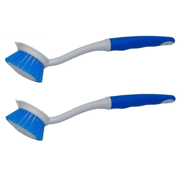 2x Plastic Bristle Scrub Brushes Cleaning Dishwashing, Scraping Edge Grip Handle
