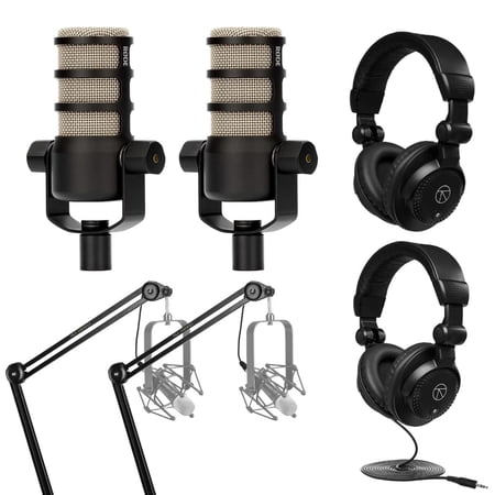 2x PodMic Dynamic Podcasting Microphone Bundle withBroadcast Arm with Internal Springs and Integrated 10' XLR Cable, Studio Monitor Headphones