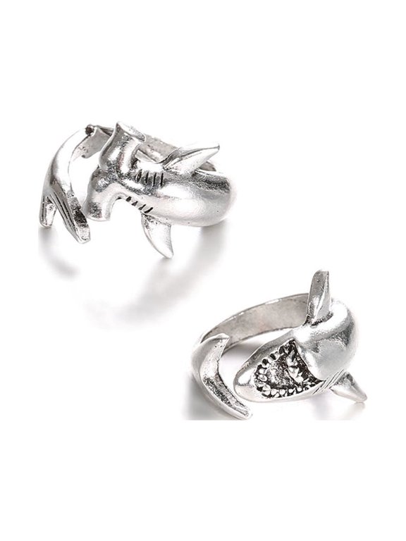 2x Punk Style Shark Rings Adjustable Open Metal Ring Jewelry Decor for Women Men
