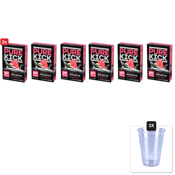 2x | Pure Kick Alkaline Watermelon - Singles To Go - Pack Of 3-6 Packets In Each Box - Enhance Your Hydration - 18 Servings & 3x 16oz Plastic Cup with Strawless Sip-Lid