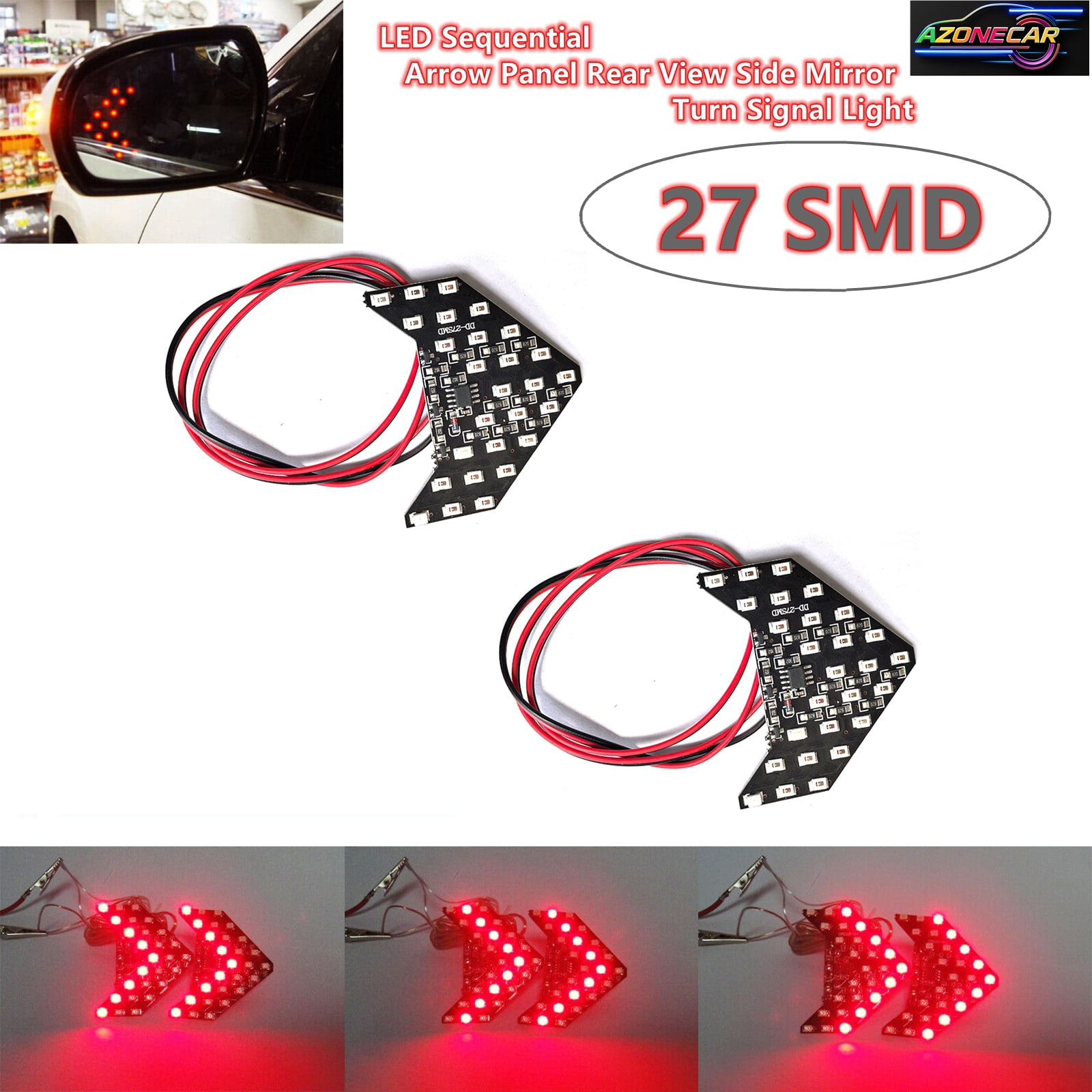 Automotive Led Arrows 2x Red 27 SMD LED Sequential Arrow Panel Car Side Mirror Turn Signal ...