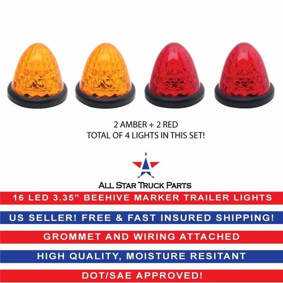 2x Red 2x Amber Beehive Side Marker Clearance Light Grommet Light Trailer 16-LED