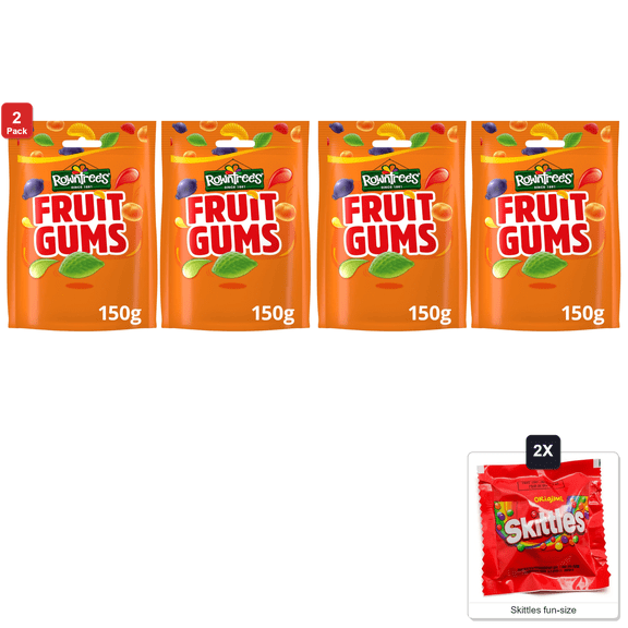 2x | Rowntrees Fruit Gums Sweets Pouch, 2 Packs x 150 g Each, with 2 Skittles Fun Size