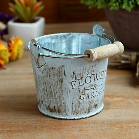 2x Shabby Chic Iron Buckets Wooden Handle Flower Pots Garden