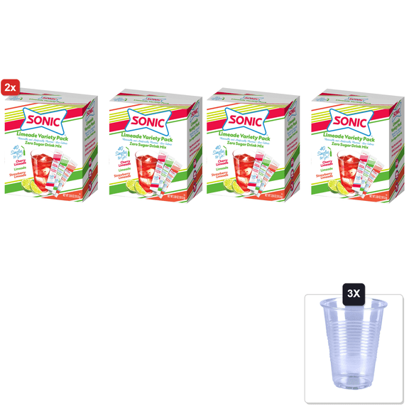 2x | Singles To Go! Sonic Limeade Variety Pack 40 Ct Box Powdered Drink Mix, 3 Delicious Flavors Cherry Limeade And Strawberry Limeade (Pack Of 2) & 3x 16oz Plastic Cup with Strawless Sip-Lid