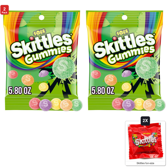 2x | Skittles Sour Gummies Chewy Candy Assortment, 12 Packs x 5.8 oz Each, with 2 Skittles Fun Size