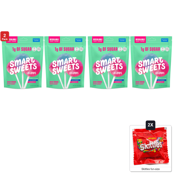 2x | SmartSweets Blue Raspberry and Watermelon Lollipops, 2 Packs x 3 oz Each, with 2 Skittles Fun Size