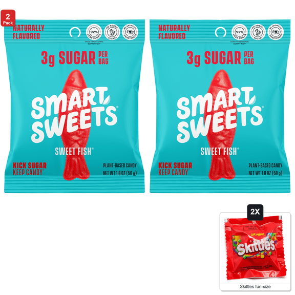 2x | SmartSweets Sweet Fish Gummy Candy, 12 Packs x 1.8 oz Each, with 2 Skittles Fun Size