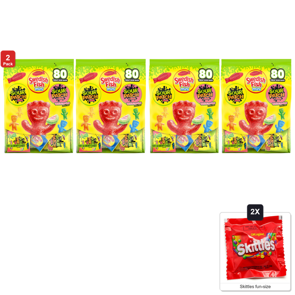 2x | Sour Patch and Swedish Fish Mini Candy, 2 Boxes x 80 Treat-Size Snack Packs, 160 Total, with 2 Skittles Fun Size