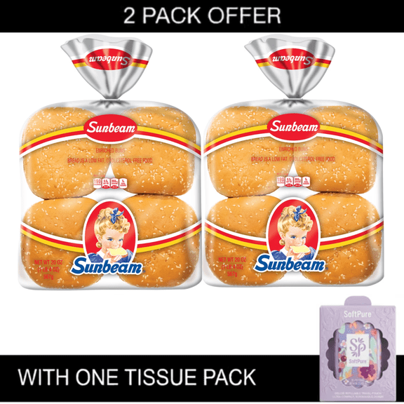 2x Sunbeam Jumbo Seeded Hamburger Buns, Enriched White Bread Sesame Seed Burger Buns, 8 Count & Tissue Pack