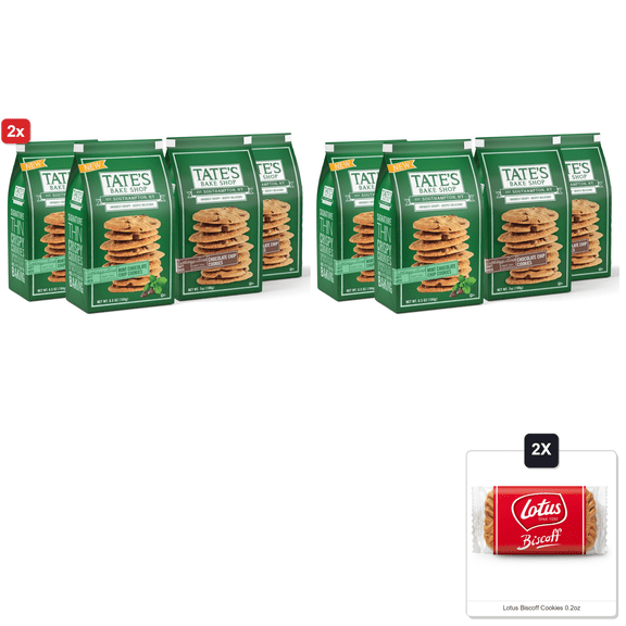 2x | Tates Bake Shop Mint Chocolate Chip And Chocolate Chip Cookies Variety Pack, 4 Bags & 2x Lotus Biscoff Cookies 0.2oz