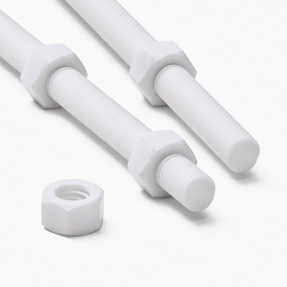 2x White PTFE M12 x 200 mm Threaded Rods Fully Threaded Plastic Studs
