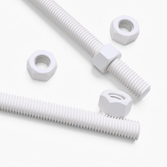 2x White PTFE M12 x 500 mm Threaded Rods Fully Threaded Plastic Studs
